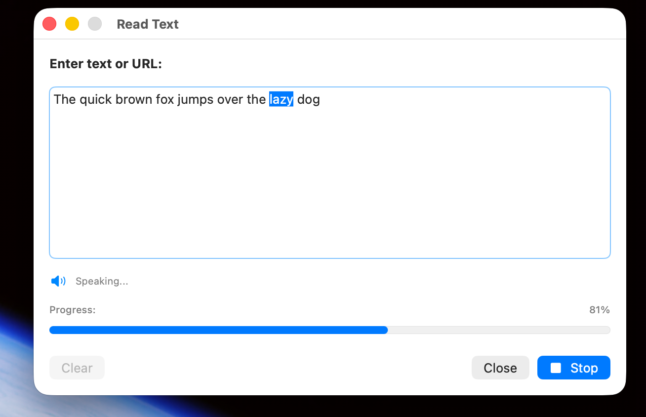 Speakeasy reading text with word highlighting